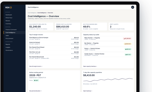 REKO cost intelligence — pricing and cost analysis you review before any change goes live.