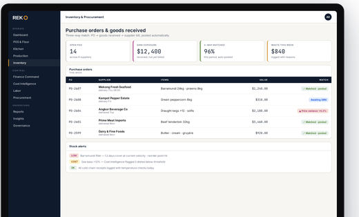 REKO inventory and purchase orders with three-way matching against supplier bills.