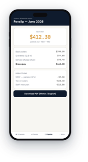 REKO payslip on a phone — Khmer and English, with NSSF and statutory lines.