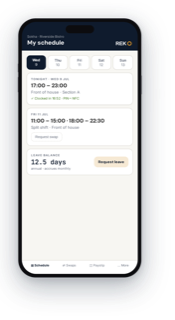 REKO employee self-service on a phone — my schedule, shift swaps and requests.