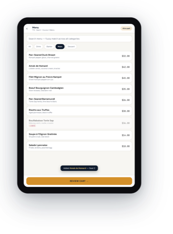 REKO waiter's handheld order pad on a tablet — sending a course to the kitchen.