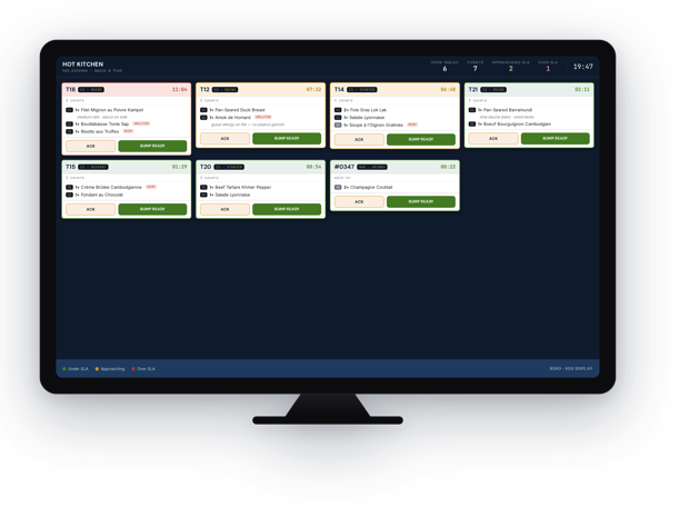 REKO kitchen display system — live tickets and course timing on a dark KDS screen.